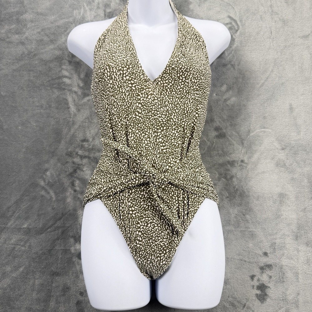 Carmen Marc Valvo One Piece Swimsuit Size 10 Olive Print Halter Tie Waist NWT